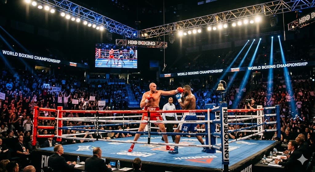 Boxing ring under arena lights