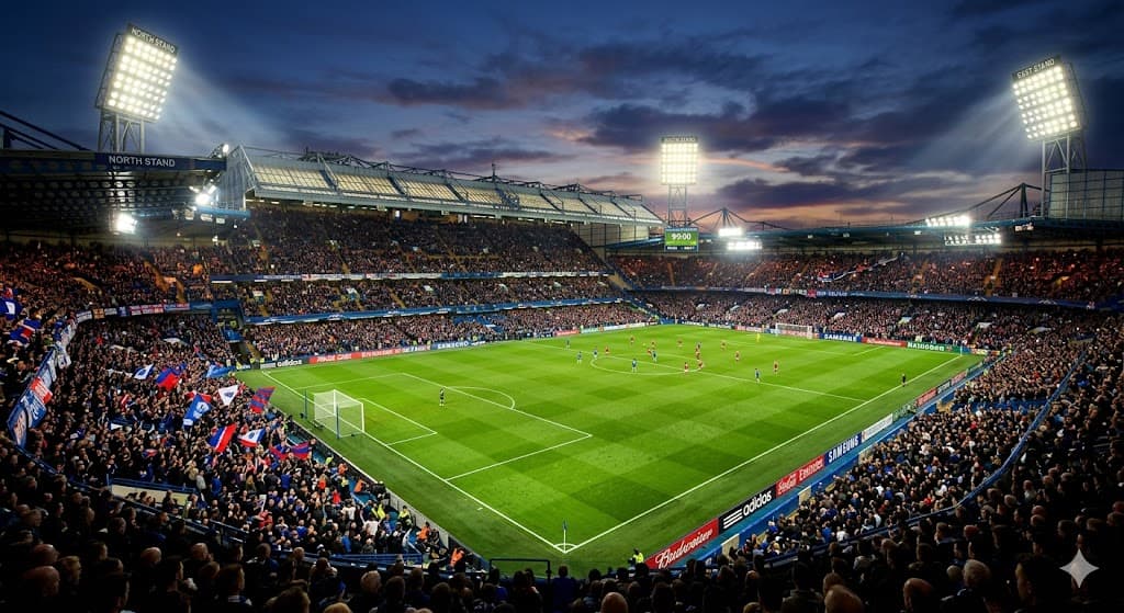 Premier League football stadium under floodlights